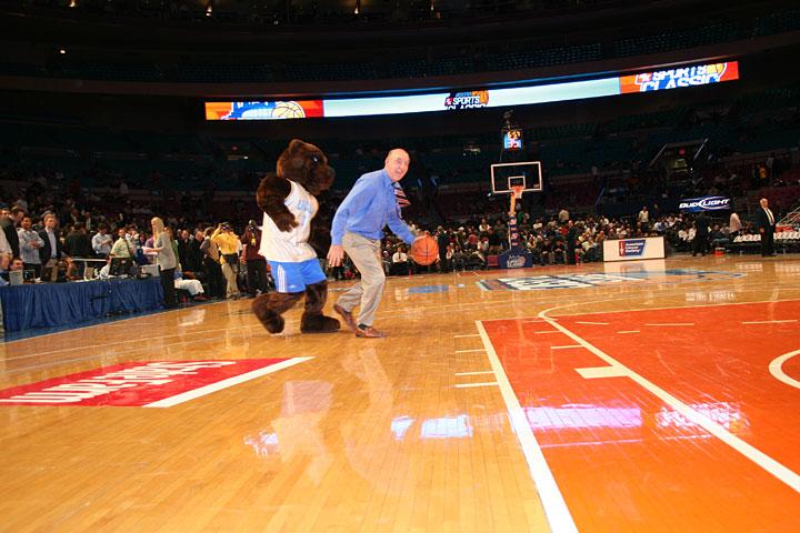 Joe Bruin in 2008 playing basketball with ESPN analyst Dick Vitale