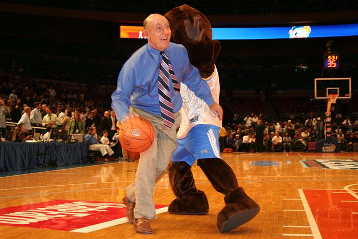Joe Bruin in 2008 playing basketball with ESPN analyst Dick Vitale