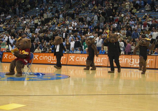 Joe Bruin in 2004 performing a halftime routine on the basketball court