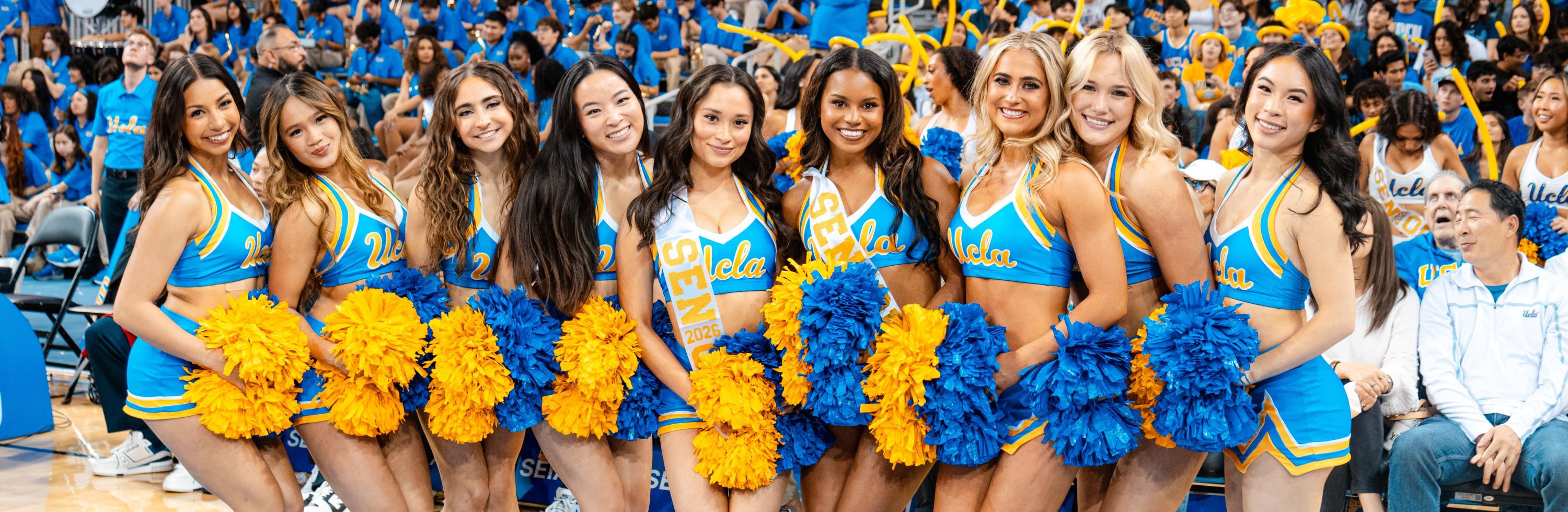 Members of the UCLA Cheer Squad on the court at Pauley Pavilion